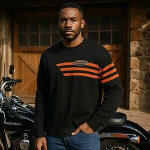 2005 Harley-Davidson Black Orange Stripe Knit Sweater L Cotton Moto biker rally